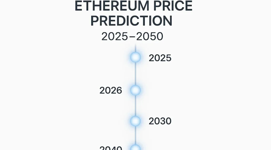 Minimalist vertical infographic showing Ethereum price prediction milestones for 2025, 2026, 2030, 2040, and 2050 with glowing timeline markers and headline text ‘Ethereum Price Prediction 2025–2050.