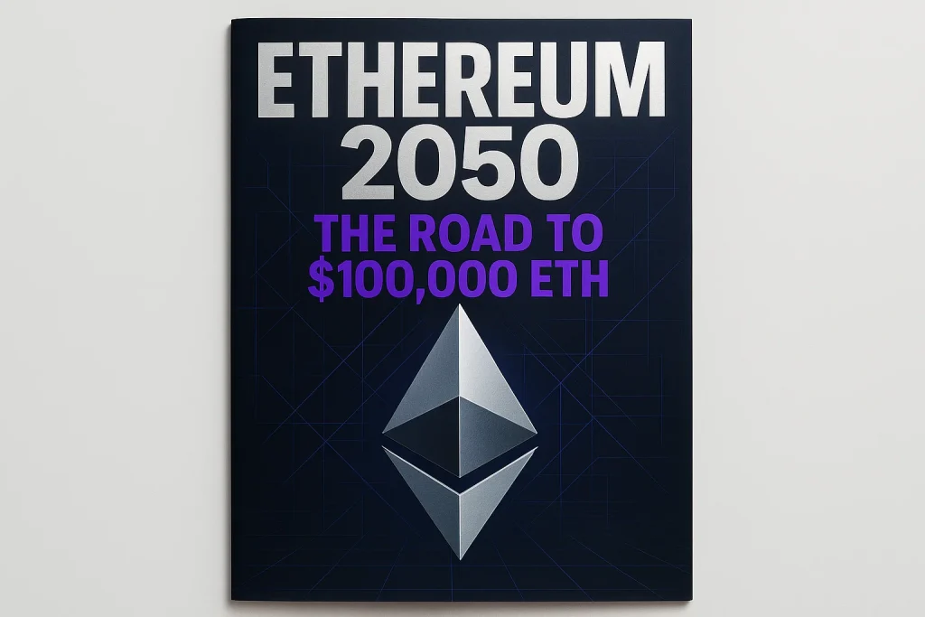 Editorial-style cover design with abstract geometric blockchain lines forming the Ethereum logo, bold headline ‘Ethereum 2050: The Road to $100,000 ETH,’ and supporting predictions across decades.