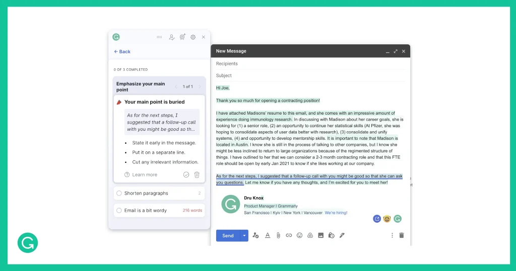 Grammarly Uses Natural Language Processing and Machine Learning to Identify the Main Points in a Message