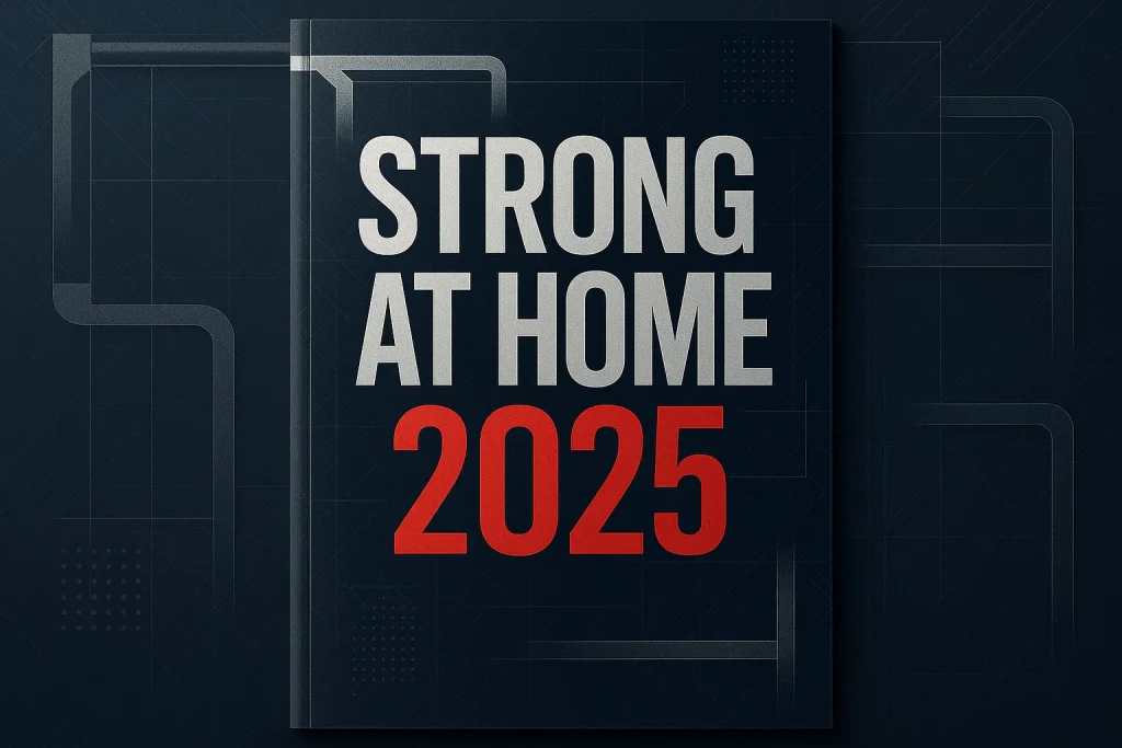 Vertical magazine-style design with geometric abstract patterns resembling pull-up bars in navy and silver tones, bold text “Strong at Home 2025” across the top half, giving a sleek editorial look for a fitness buyer’s guide.