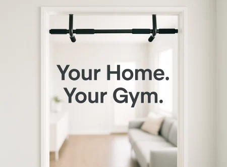 Minimal vertical design showing a modern apartment interior with a doorway pull-up bar slightly blurred in the background, centered bold text “Your Home. Your Gym.” in white and green, symbolizing a clean lifestyle approach to home workouts.