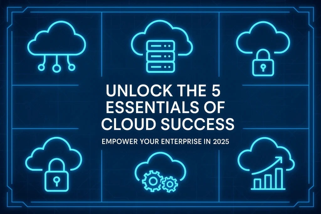 A digital infographic with a dark blue background and neon blue cloud icons arranged in a grid layout. The five icons represent network connectivity, server infrastructure, cloud security, system gears, and data analytics. In the center, bold white text reads ‘Unlock the 5 Essentials of Cloud Success,’ with the subtext ‘Empower Your Enterprise in 2025.’ The design includes geometric tech-style borders and glowing effects for a futuristic look.