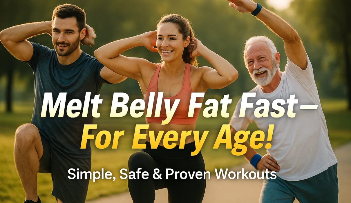 Three people of different ages — a young man, a woman, and an older man — exercising outdoors in the morning sunlight. They’re smiling and performing side crunches on a park path. Centered overlay text reads ‘Melt Belly Fat Fast — For Every Age!’ in a white-to-yellow gradient, with subtext ‘Simple, Safe & Proven Workouts.’ The background has a soft motion blur and vignette effect for focus and energy
