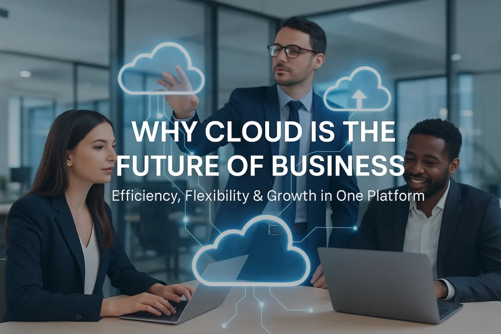 A group of business professionals collaborates in a modern office with holographic cloud icons floating around them. The image has a blue-white digital theme and features centered overlay text that reads: “Why Cloud is the Future of Business” with the subtext “Efficiency, Flexibility & Growth in One Platform.”