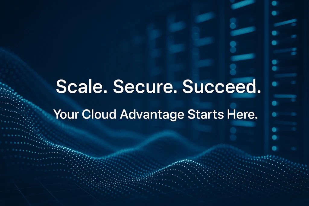 A sleek, futuristic digital image featuring glowing blue data waves and blurred server racks in the background. The scene conveys speed, scalability, and technology, with white centered text reading “Scale. Secure. Succeed.” and “Your Cloud Advantage Starts Here.” The layout is clean and minimal, enhanced by a subtle grid pattern and high-tech aesthetic.