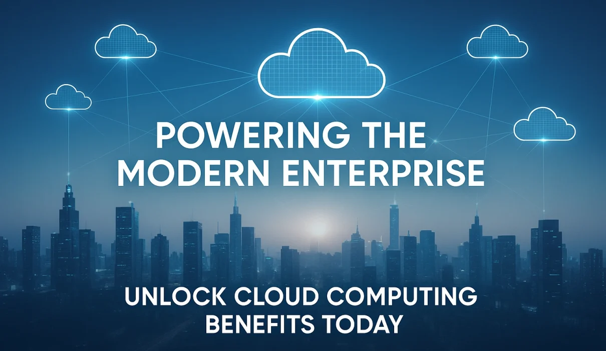 Futuristic city skyline at dusk with glowing blue digital cloud icons connected by lines above skyscrapers. Centered white text reads “Powering the Modern Enterprise” and below it, “Unlock Cloud Computing Benefits Today.” The design features a sleek tech-blue gradient and a subtle lens flare effect.
