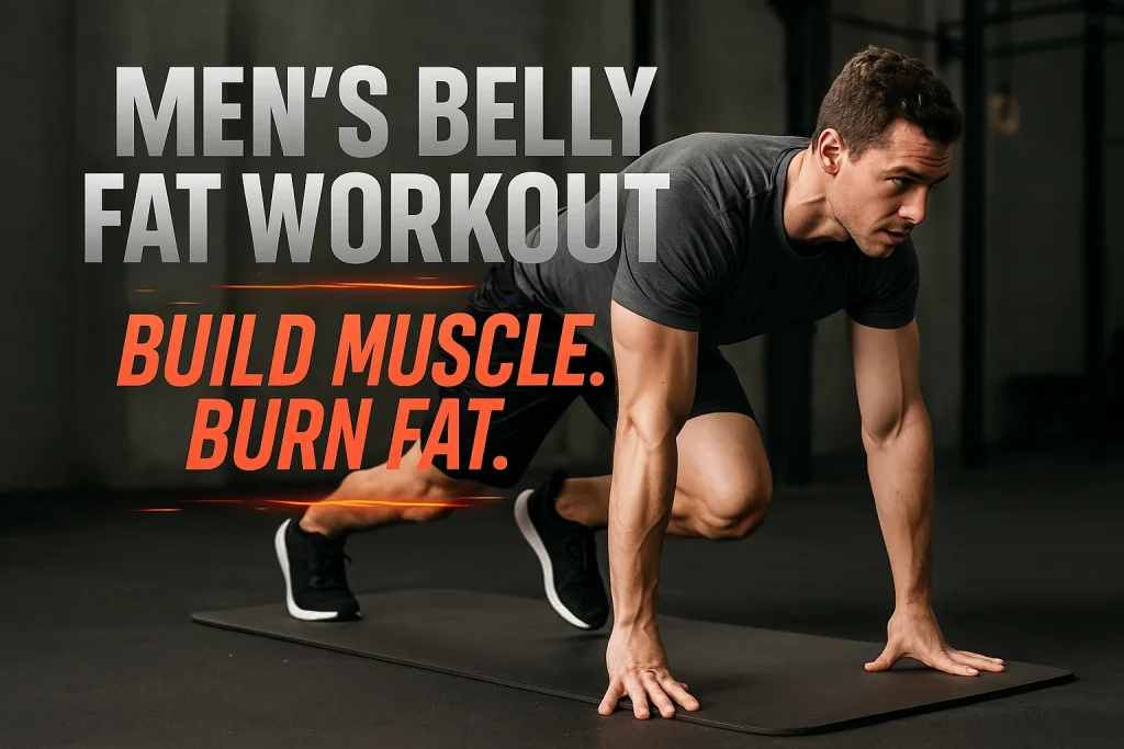 A muscular man performs mountain climbers on a gym mat in a dimly lit, industrial-style gym. Bold metallic text in the center reads “MEN’S BELLY FAT WORKOUT,” with the tagline “BUILD MUSCLE. BURN FAT.” below in bright orange-red font. Fiery streaks surround the text, emphasizing energy and intensity.