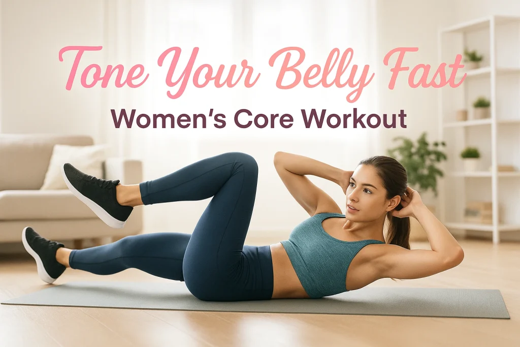 A fit woman in teal workout clothes performs bicycle crunches on a yoga mat in a bright, cozy living room. The text “Tone Your Belly Fast” in a pink-to-peach gradient script font and “Women’s Core Workout” in modern sans-serif appears centered above her, with a soft white glow adding a calm, wellness-inspired atmosphere.