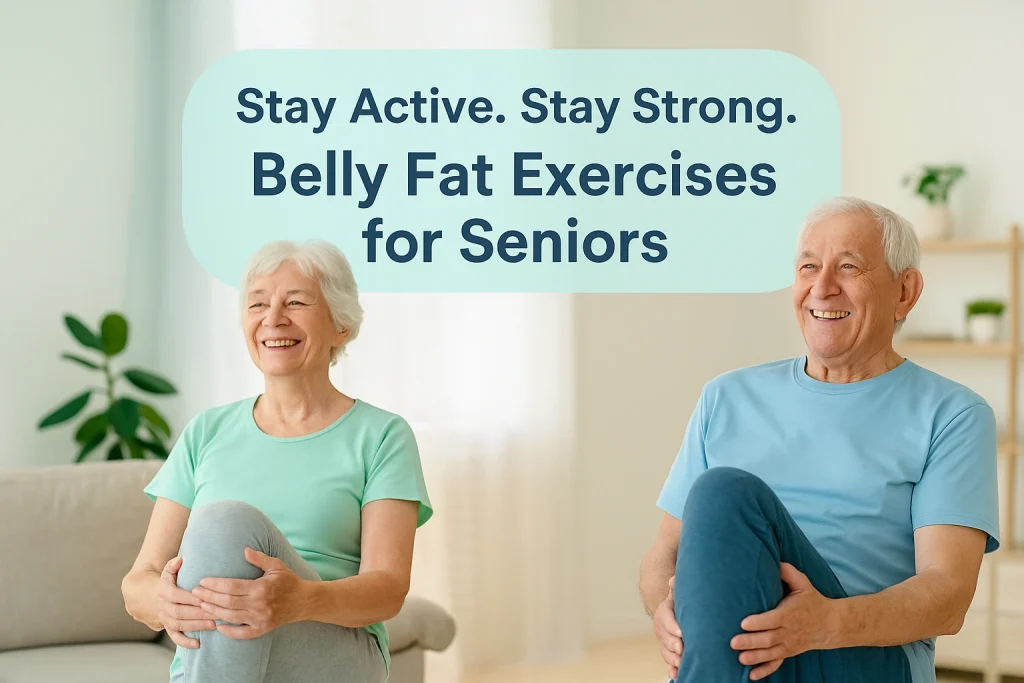 An elderly couple smiling while doing seated knee lifts in a bright, sunny living room. The man wears a light blue shirt and the woman wears a mint green shirt. Above them, in a rounded pastel text box, reads: ‘Stay Active. Stay Strong. Belly Fat Exercises for Seniors.’ The background features soft blue and mint tones, creating a calm and uplifting atmosphere.