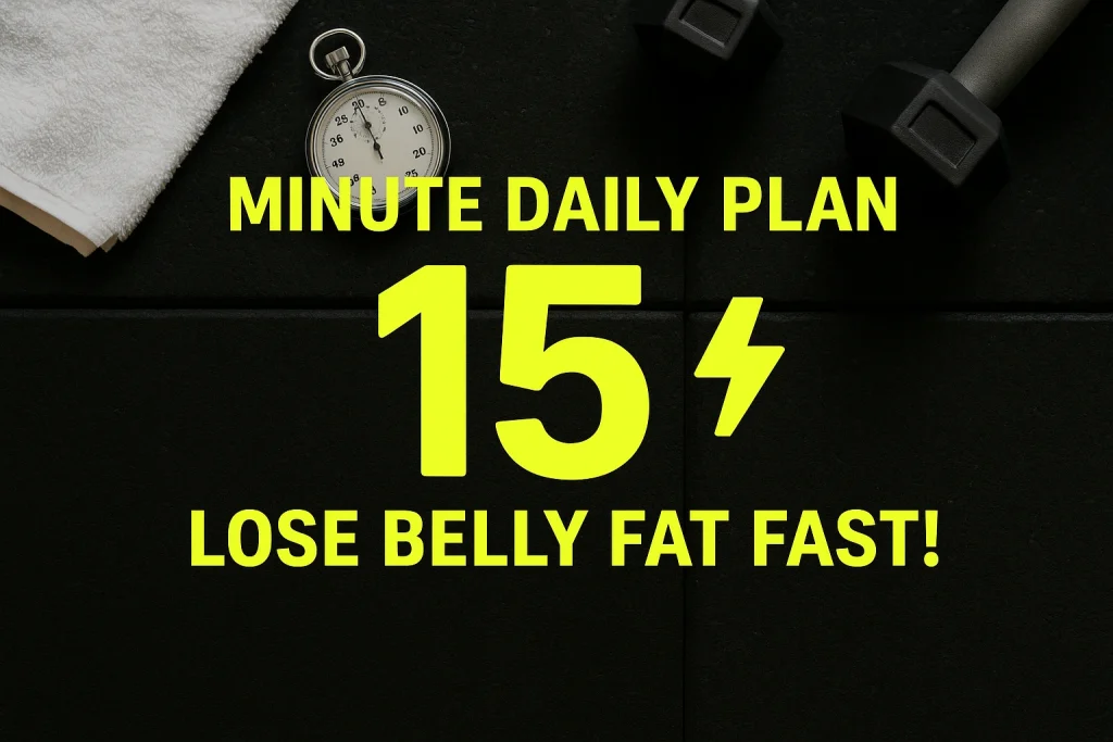 A dark gym floor scene featuring a stopwatch, dumbbells, and a towel, with bold neon yellow text in the center reading “15-Minute Daily Plan” and “Lose Belly Fat Fast!” The number “15” is oversized with a lightning bolt symbol, conveying speed and energy.