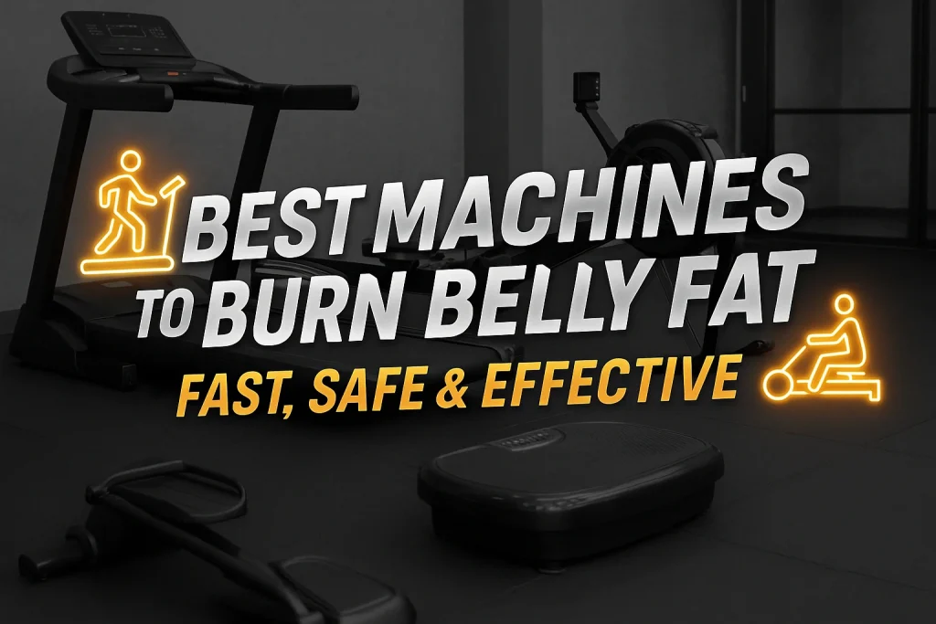 A modern gym scene showing a treadmill, rowing machine, and vibration plate. Centered overlay text reads “Best Machines to Burn Belly Fat” in metallic gradient with a slight shadow and “Fast, Safe & Effective” below in bold yellow-orange. Glowing icons of a treadmill and a rowing machine appear on each side, giving the image a dynamic and energetic feel.