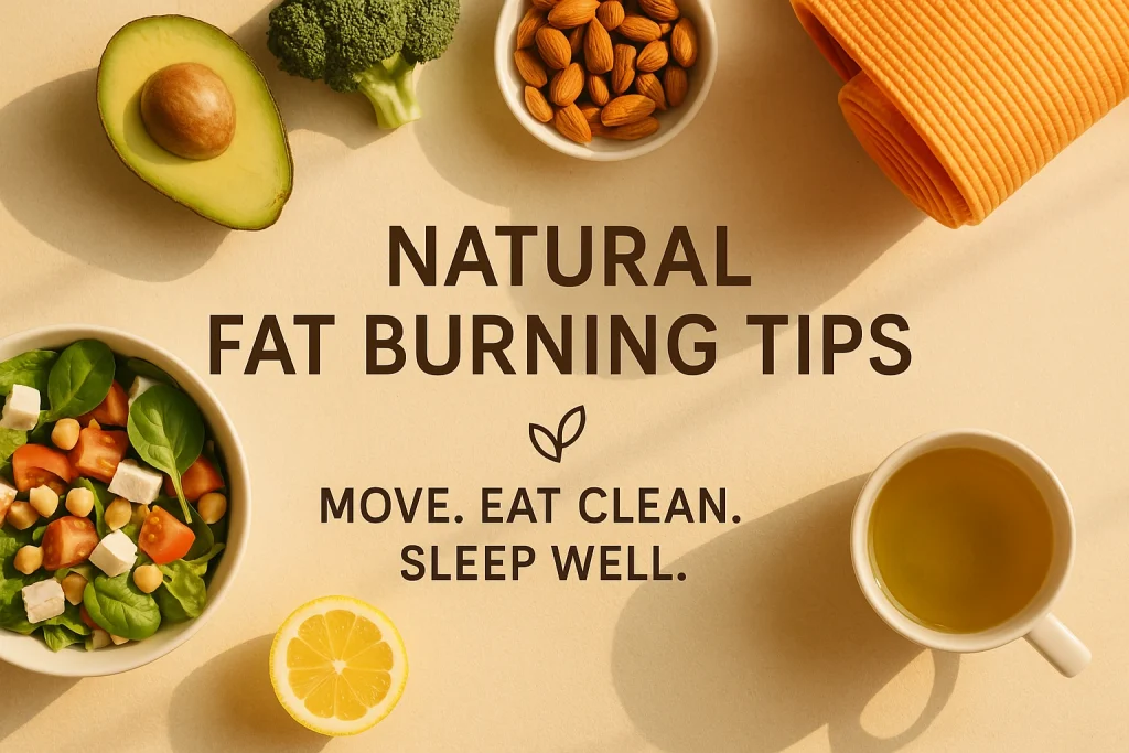 A warm, sunlit flat lay featuring healthy foods such as avocado, broccoli, almonds, a fresh salad with spinach, feta, and chickpeas, a sliced lemon, a cup of green tea, and an orange yoga mat. In the center, minimalist sans-serif text reads “Natural Fat Burning Tips” and below it, “Move. Eat Clean. Sleep Well.” with a small leaf graphic symbolizing a natural lifestyle