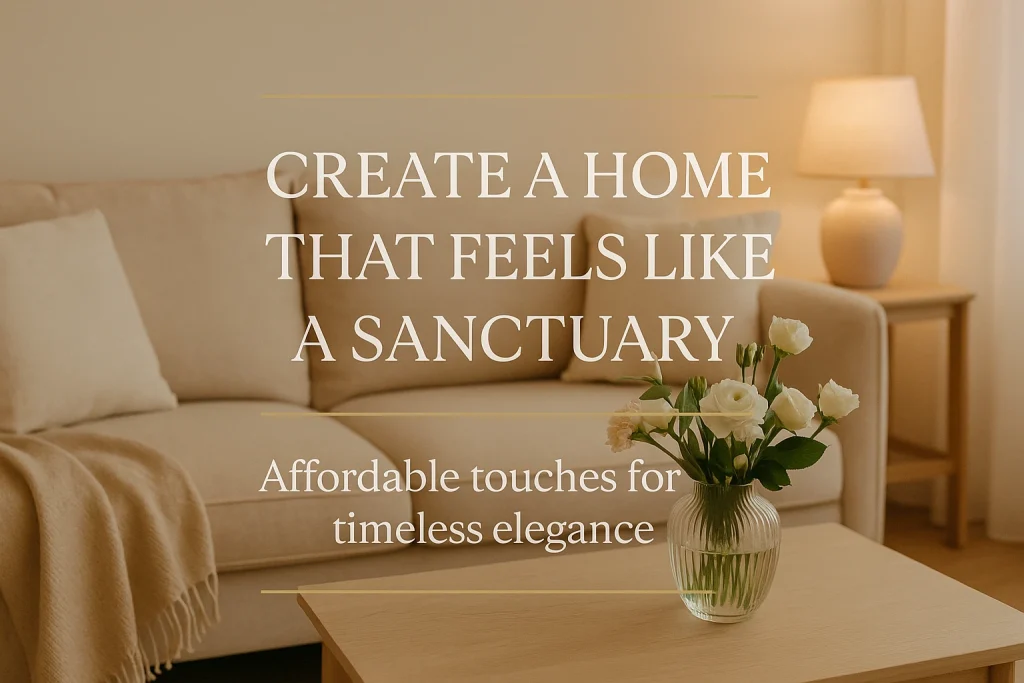Calm beige living room with a soft sofa, warm lamp light, and a vase of white flowers on a wooden table. Overlay text reads ‘Create a Home That Feels Like a Sanctuary’ with subtext ‘Affordable touches for timeless elegance,’ accented by thin muted gold lines above and below.