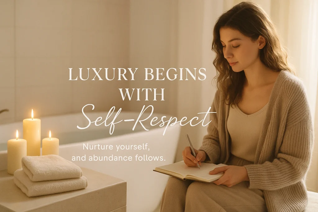 A serene bathroom scene bathed in warm sunlight, featuring a young woman journaling beside lit candles and folded towels. Text in the center reads “Luxury Begins with Self-Respect” with the subtext “Nurture yourself, and abundance follows.” The tone is soft, calming, and luxurious.