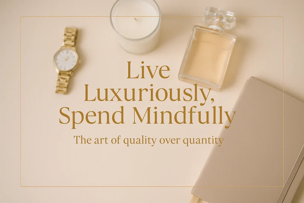 Flat lay of elegant luxury accessories including a gold watch, white candle, perfume bottle, and beige notebook on a soft neutral background, with gold-toned centered text reading ‘Live Luxuriously, Spend Mindfully’ and subtext ‘The art of quality over quantity,’ framed by a thin gold border and soft vignette.