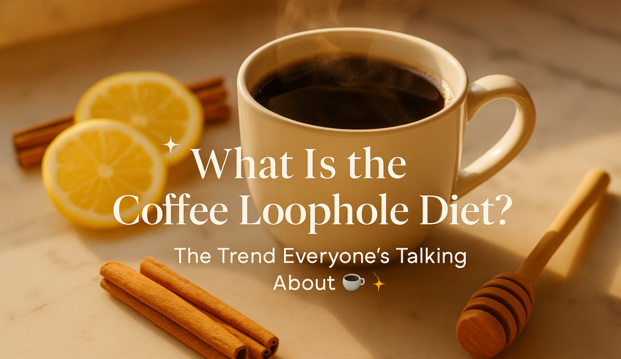 A steaming cup of black coffee on a marble countertop with lemon slices, cinnamon sticks, and honey beside it, illustrating the Coffee Loophole trend.