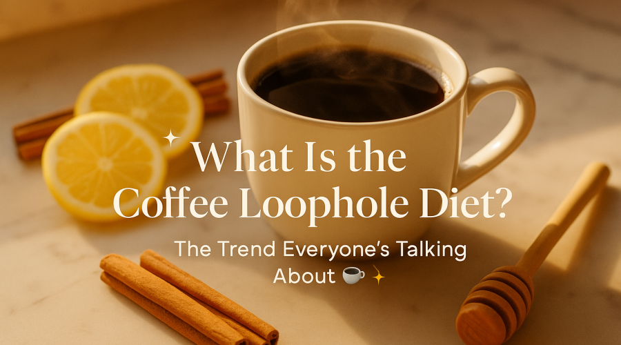 A steaming cup of black coffee on a marble countertop with lemon slices, cinnamon sticks, and honey beside it, illustrating the Coffee Loophole trend.