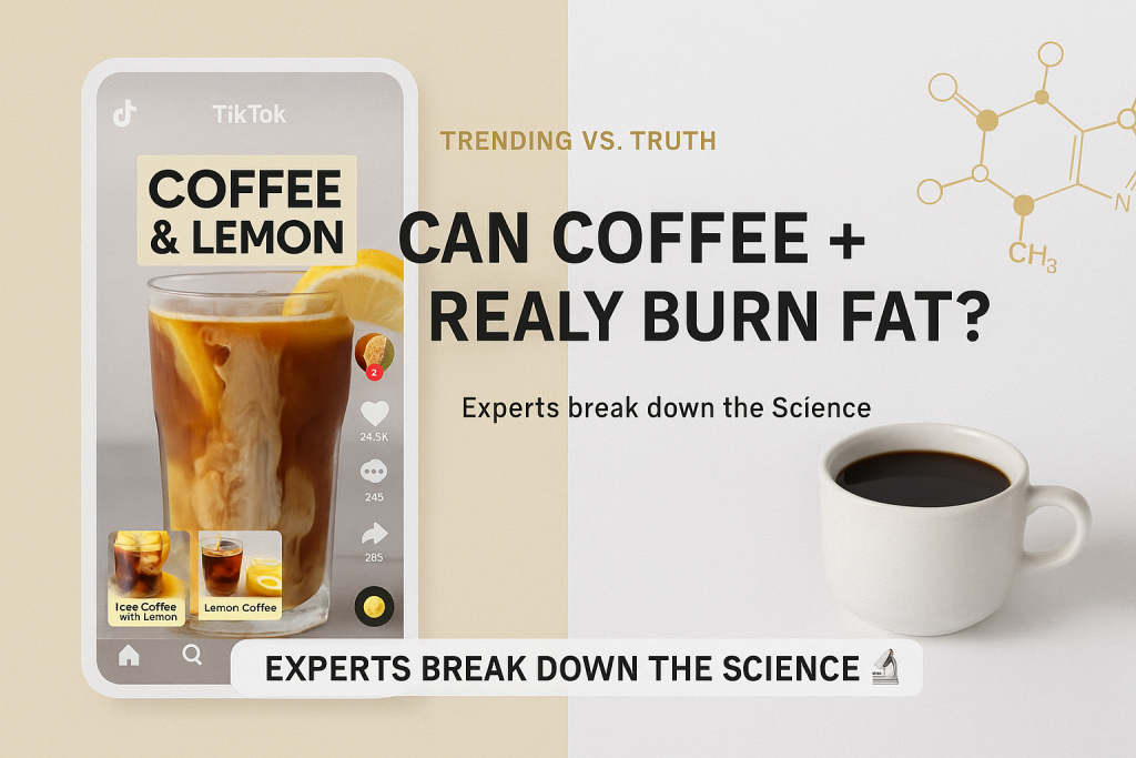 Split-screen image showing a TikTok-style coffee trend on one side and a scientific lab setup on the other, highlighting the “Coffee Loophole” debate about coffee and lemon for fat burning.