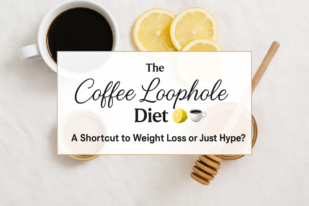Flat lay of black coffee, lemon slices, cinnamon powder, and honey jar on white linen with centered text reading “The Coffee Loophole Diet — A Shortcut to Weight Loss or Just Hype?”