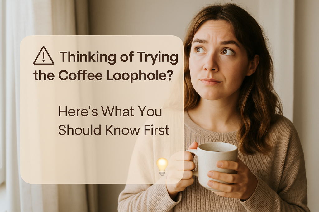 A woman holding a mug of coffee by a window, looking curious, with text overlay about the Coffee Loophole and helpful icons for warning and insight.