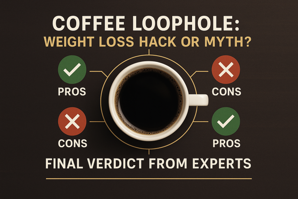 Flat lay image featuring a cup of black coffee surrounded by pros and cons icons with green checks and red crosses, illustrating the “Coffee Loophole” weight loss debate.