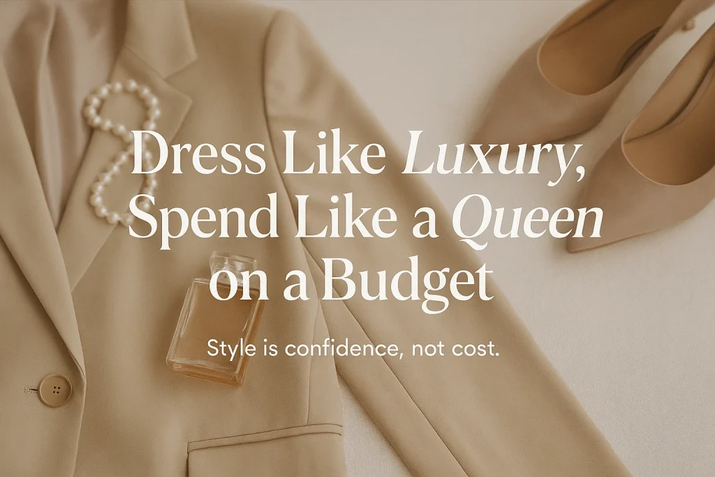 Elegant flat lay featuring a beige blazer, pearl necklace, perfume bottle, and nude heels with centered text saying 'Dress Like Luxury, Spend Like a Queen on a Budget' and subtext 'Style is confidence, not cost' on a softly blurred neutral background.