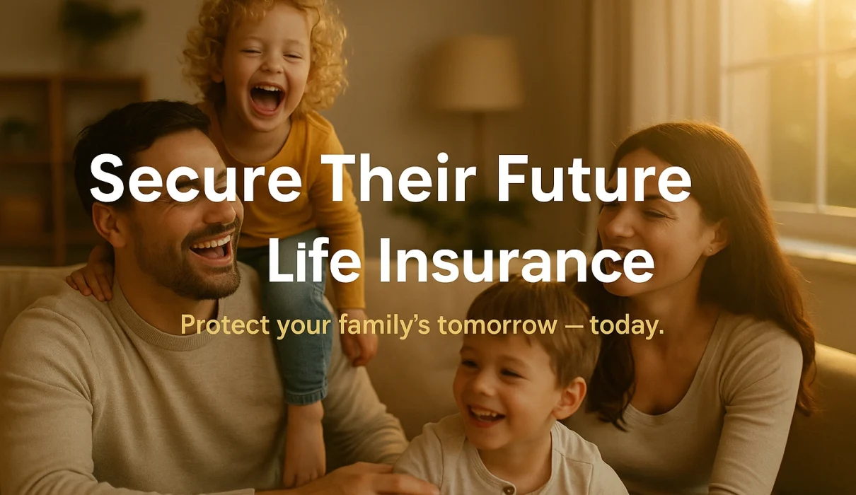 A joyful family of four sits together in a cozy living room, illuminated by golden sunlight streaming through a large window. The parents laugh and play with their two young children, creating a warm, loving atmosphere. Overlaid text reads: “Secure Their Future with Life Insurance” in bold white letters, and “Protect your family’s tomorrow — today.” in soft gold below.