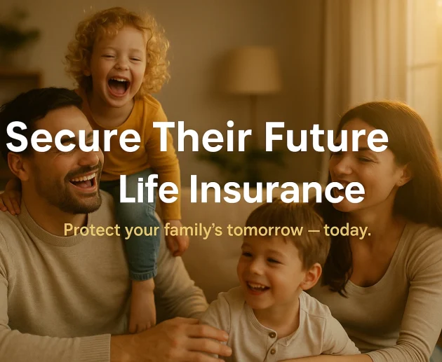 A joyful family of four sits together in a cozy living room, illuminated by golden sunlight streaming through a large window. The parents laugh and play with their two young children, creating a warm, loving atmosphere. Overlaid text reads: “Secure Their Future with Life Insurance” in bold white letters, and “Protect your family’s tomorrow — today.” in soft gold below.