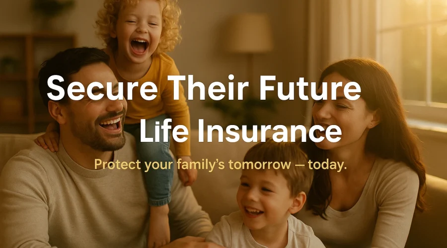 A joyful family of four sits together in a cozy living room, illuminated by golden sunlight streaming through a large window. The parents laugh and play with their two young children, creating a warm, loving atmosphere. Overlaid text reads: “Secure Their Future with Life Insurance” in bold white letters, and “Protect your family’s tomorrow — today.” in soft gold below.