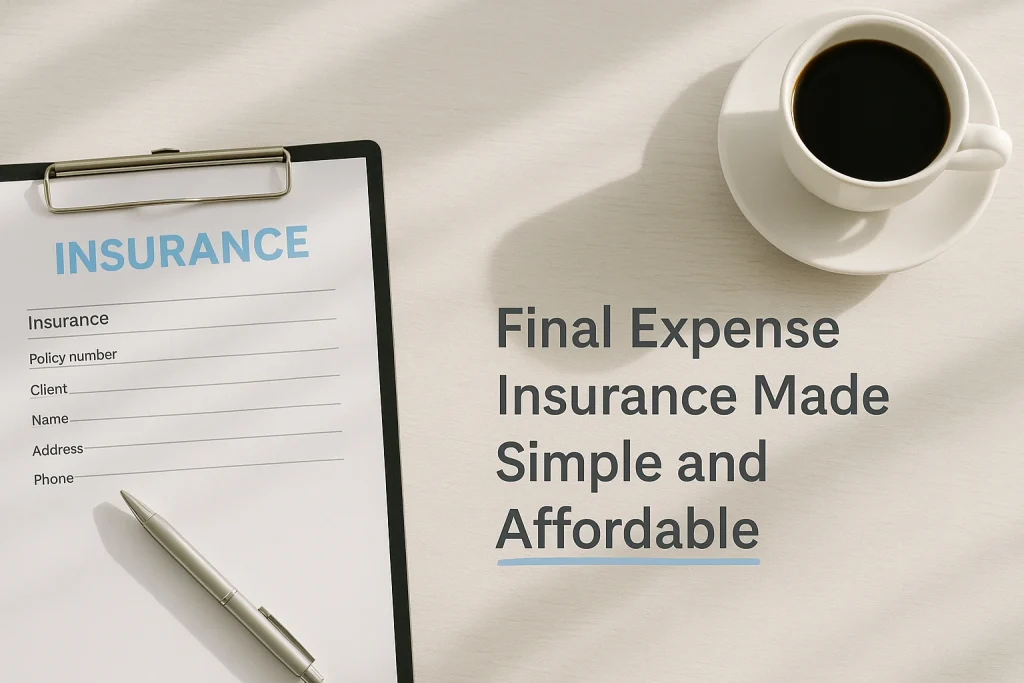 A minimalist desk scene showing an insurance form, a silver pen, and a white cup of coffee under soft daylight. The text on the right reads 'Final Expense Insurance Made Simple and Affordable,' with an accent underline on 'Simple and Affordable' in light blue. The overall design uses neutral gray tones and light blue accents for a professional, trustworthy feel.