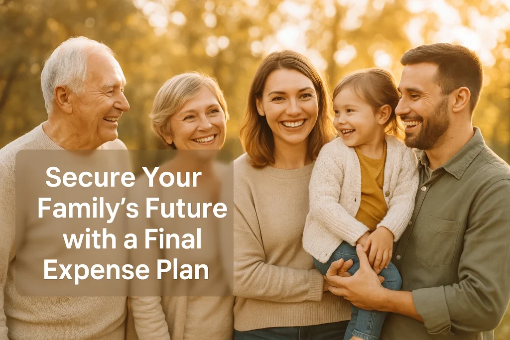 A smiling multigenerational family — grandparents, parents, and a child — standing outdoors in warm sunlight with text overlay reading ‘Secure Your Family’s Future with a Final Expense Plan’ on a semi-transparent box.