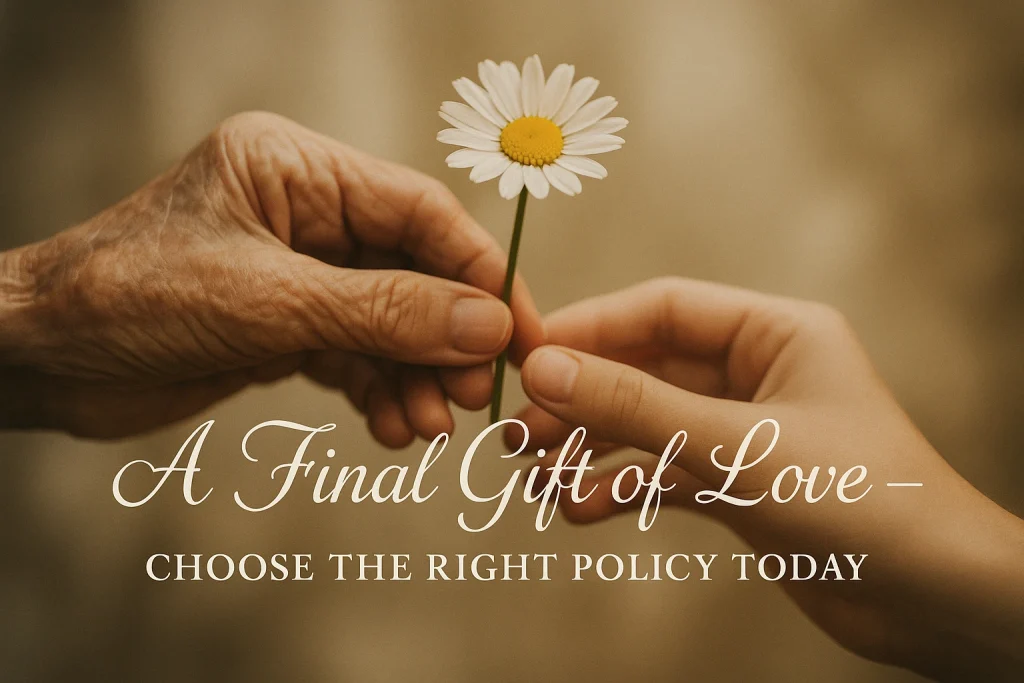 An elderly hand with visible wrinkles gently passes a white daisy to a younger hand, symbolizing love, care, and legacy. The background is softly blurred with a warm tone, and centered cursive text reads, “A Final Gift of Love — Choose the Right Policy Today.
