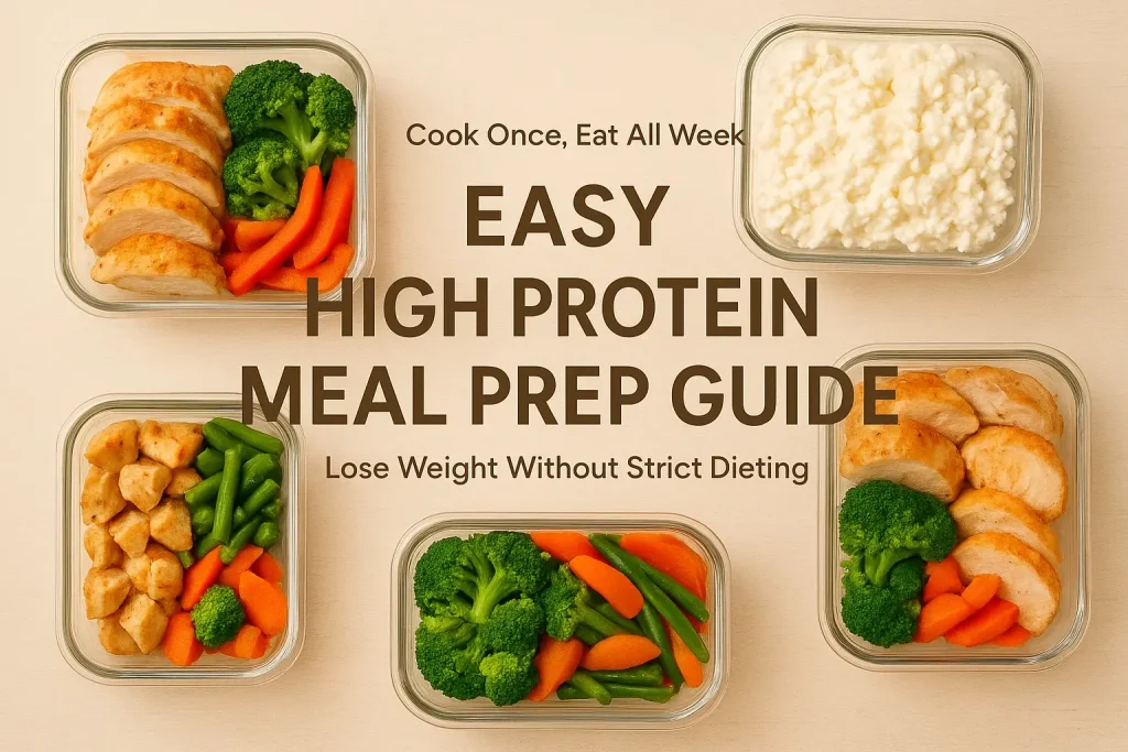 A variety of high-protein, low-calorie meals including chicken, vegetables, and meal-prep containers arranged neatly for a healthy meal prep routine.