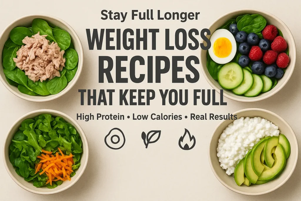 Healthy high protein low calorie recipes displayed in meal prep bowls with tuna, eggs, berries, cottage cheese, and fresh greens.