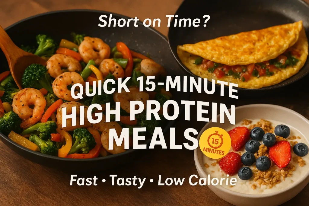 High protein low calorie meals including chicken, veggies, yogurt bowl, and easy meal prep dishes for weight loss.