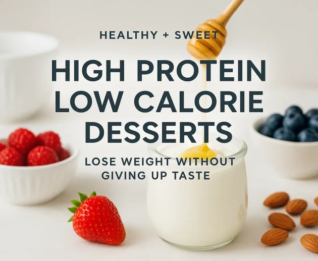 High protein low calorie recipe ingredients including Greek yogurt, berries, lean protein, and healthy meal prep bowls arranged on a clean kitchen surface for a weight-loss friendly dish.