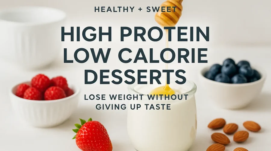 High protein low calorie recipe ingredients including Greek yogurt, berries, lean protein, and healthy meal prep bowls arranged on a clean kitchen surface for a weight-loss friendly dish.