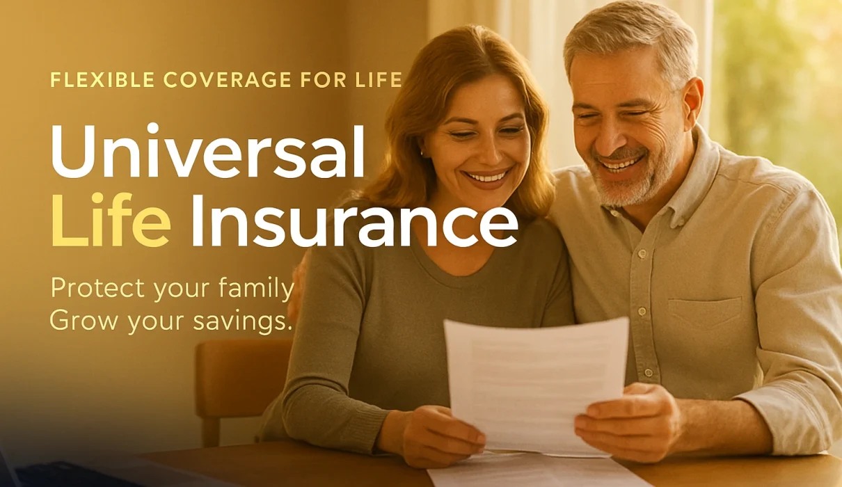 A warm-toned advertisement for Universal Life Insurance showing a smiling middle-aged couple sitting together at a wooden table, reviewing papers with sunlight streaming through a nearby window. The background features a gradient from light gold to deep navy on the left, with text that reads “Flexible Coverage for Life” above the bold headline “Universal Life Insurance,” where “Life” is highlighted in gold. Below it, the subtext says “Protect your family. Grow your savings.” The overall mood conveys warmth, trust, and financial security.