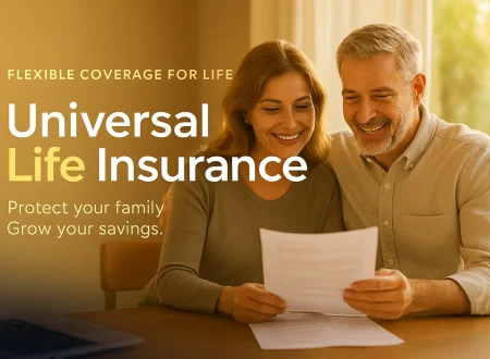 A warm-toned advertisement for Universal Life Insurance showing a smiling middle-aged couple sitting together at a wooden table, reviewing papers with sunlight streaming through a nearby window. The background features a gradient from light gold to deep navy on the left, with text that reads “Flexible Coverage for Life” above the bold headline “Universal Life Insurance,” where “Life” is highlighted in gold. Below it, the subtext says “Protect your family. Grow your savings.” The overall mood conveys warmth, trust, and financial security.