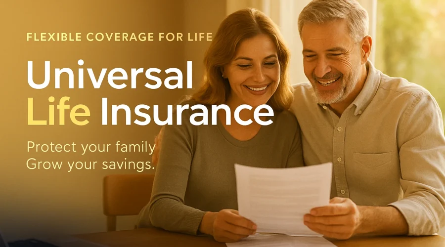 A warm-toned advertisement for Universal Life Insurance showing a smiling middle-aged couple sitting together at a wooden table, reviewing papers with sunlight streaming through a nearby window. The background features a gradient from light gold to deep navy on the left, with text that reads “Flexible Coverage for Life” above the bold headline “Universal Life Insurance,” where “Life” is highlighted in gold. Below it, the subtext says “Protect your family. Grow your savings.” The overall mood conveys warmth, trust, and financial security.