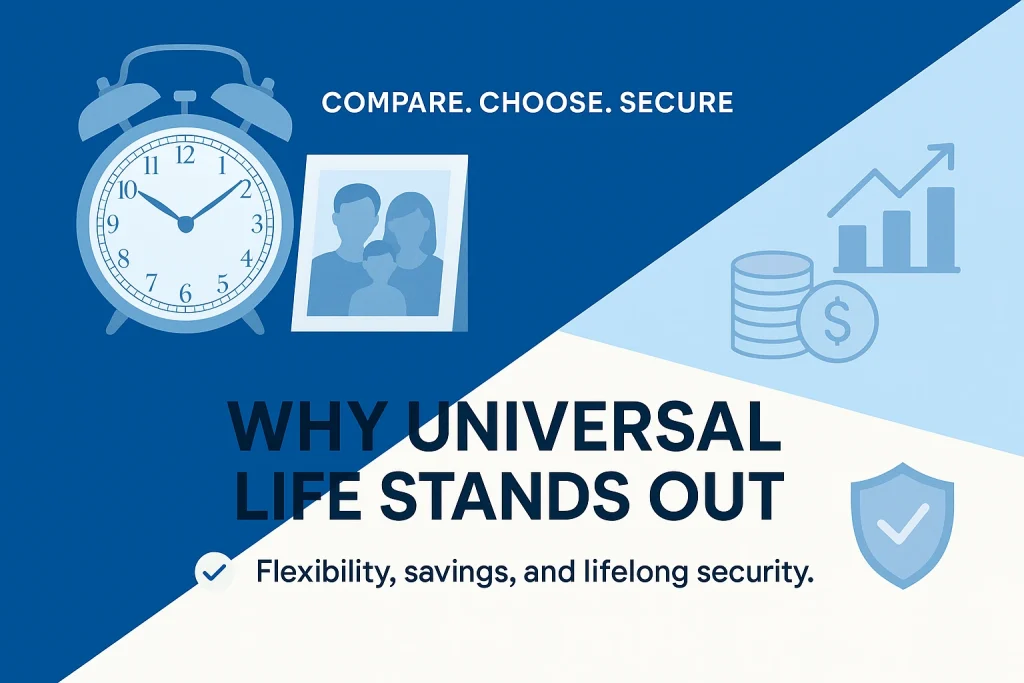 A split-screen infographic comparing universal life insurance to other plans. The left side has a blue background with a clock and a family photo representing lifetime coverage. The right side has a white background with charts and coin icons symbolizing financial growth. Centered across the diagonal divide are the texts: “COMPARE. CHOOSE. SECURE.” on top, “WHY UNIVERSAL LIFE STANDS OUT” in bold, and “Flexibility, savings, and lifelong security.” below. Subtle icons of a check mark and shield emphasize security and reliability.