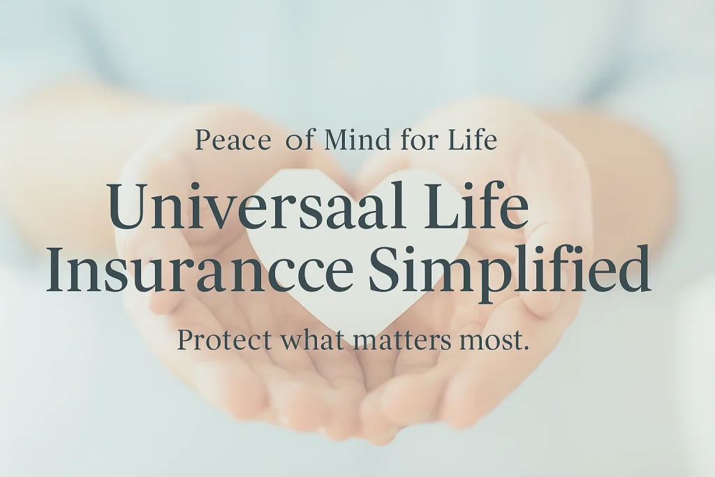 A soft-focus image showing a pair of hands gently holding a white paper heart, symbolizing care and protection. Overlaid centered text reads “Peace of Mind for Life” at the top, “Universal Life Insurance Simplified” in large elegant serif font in the middle, and “Protect what matters most.” below. The background features soft pastel tones of light blue and beige, creating a calm and reassuring mood.