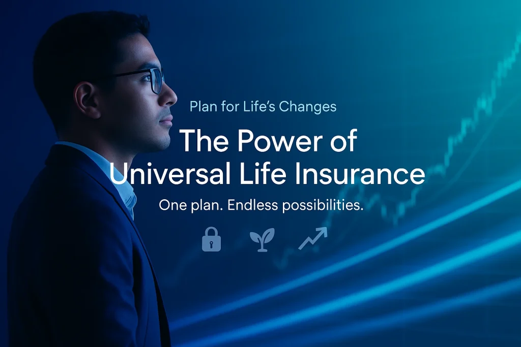 A young professional in a dark blue suit and glasses looks thoughtfully toward a glowing digital financial chart. The background features a gradient from deep blue to cyan with dynamic light streaks. Centered white text reads: “Plan for Life’s Changes,” “The Power of Universal Life Insurance,” and “One plan. Endless possibilities.” Below the text are subtle icons of a lock, a plant, and an upward arrow symbolizing security, growth, and progress.