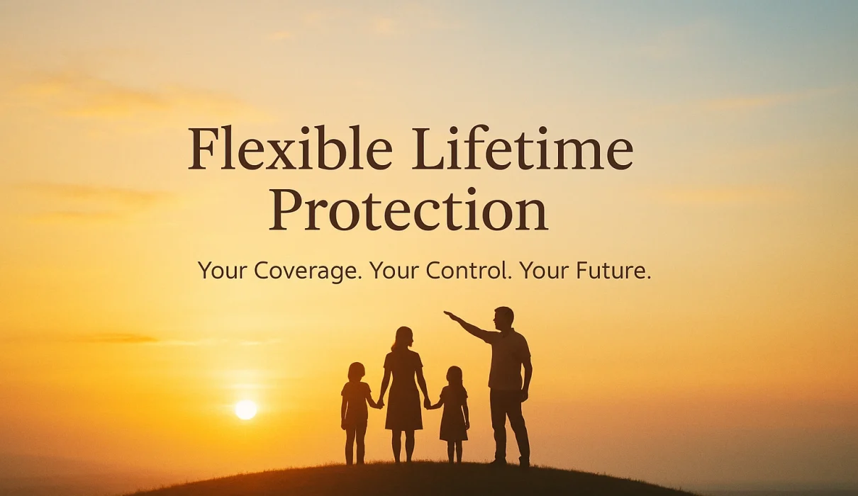 A family of four stands together on a hilltop at sunrise, silhouetted against a warm gradient sky of gold, orange, and soft blue. The scene conveys security and optimism. Centered text reads: “Flexible Lifetime Protection” in a bold serif font, with the subtext “Your Coverage. Your Control. Your Future.” in a clean sans-serif font. A soft vignette frames the edges, drawing focus to the family and text in the center.
