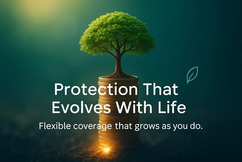 A small tree grows from a stack of glowing gold coins under warm sunlight, symbolizing financial growth and stability. The background fades from teal to deep navy, and centered white text reads ‘Protection That Evolves With Life’ with subtext ‘Flexible coverage that grows as you do.’ A minimalist leaf icon appears beside the text.