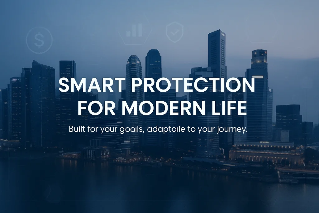 A futuristic city skyline at dusk with tall glass skyscrapers reflecting soft blue light. Overlaid are subtle transparent hexagonal and financial icons, giving a digital, modern aesthetic. In the center, bold white text reads “SMART PROTECTION FOR MODERN LIFE,” with smaller subtext below stating “Built for your goals, adaptable to your journey.” The design uses cool tones of navy, gray, and silver, with a clean, professional layout.