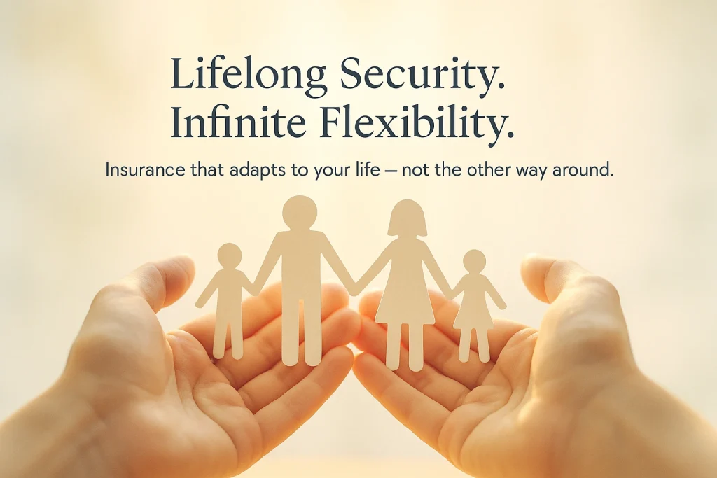 A pair of hands gently hold paper cutouts of a family — two adults and two children — against a softly glowing, warm sunlight background. The text above reads “Lifelong Security. Infinite Flexibility.” and below it, “Insurance that adapts to your life — not the other way around.” The image has a soft focus and warm pastel tones, evoking trust and comfort.