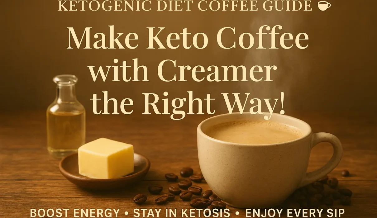 Steaming cup of creamy keto coffee with creamer on a rustic wooden table surrounded by butter, MCT oil, and coffee beans