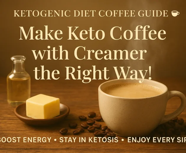 Steaming cup of creamy keto coffee with creamer on a rustic wooden table surrounded by butter, MCT oil, and coffee beans