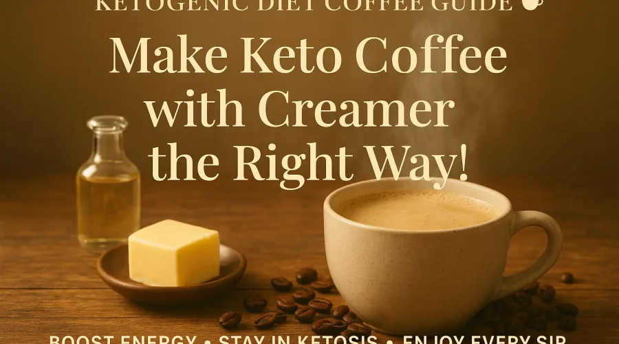 Steaming cup of creamy keto coffee with creamer on a rustic wooden table surrounded by butter, MCT oil, and coffee beans